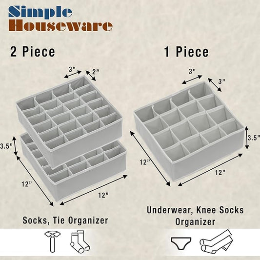 Simple Houseware Sock Drawer Organizer for Dresser/Closet/Bedroom, 3 Pack, Gray