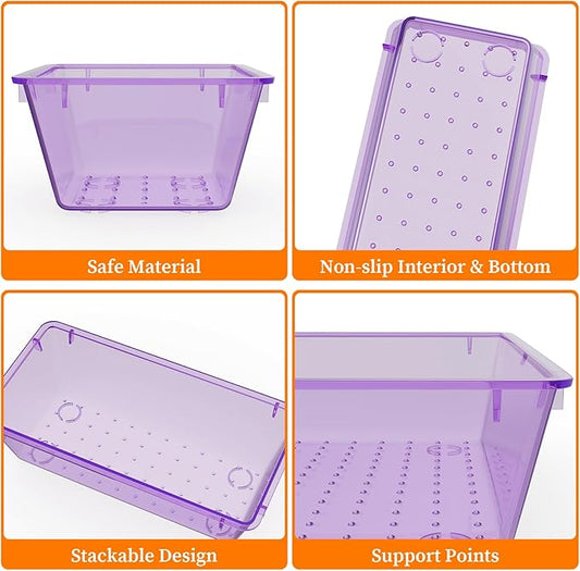 32 PCS Clear Plastic Drawer Organizer Set, 4-Size vanity organizer Trays and Storage Bins for Makeup, Jewelry and Gadgets in Bedroom, Bathroom and Office, Clear Purple
