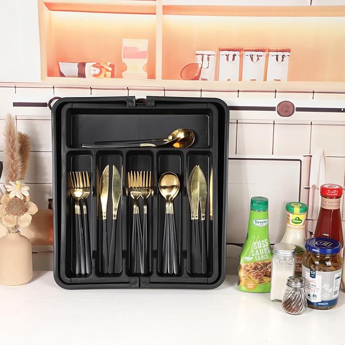 Houseware Expandable Kitchen Drawer Flatware Organizer,Silverware Organizer Utensil Drawer Cutlery Tray, Black