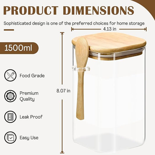 1500ML Brown Sugar Keeper, Glass Storage Containers with Bamboo Lids and Spoon, Airtight Clear Glass Jars Canister for Pasta, Nuts, Coffee Beans(Include 5 Brown Sugar Savers)