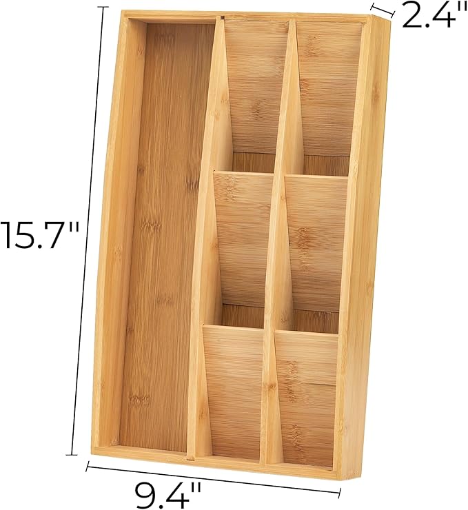 Hiceeden Bamboo Silverware Drawer Organizer, 7 Slots Kitchen Flatware Organizer, 15.7" x 9.4" x 2.4" Drawer Silverware Tray Utensil Cutlery Holder Dividers for Knives, Forks, Spoons