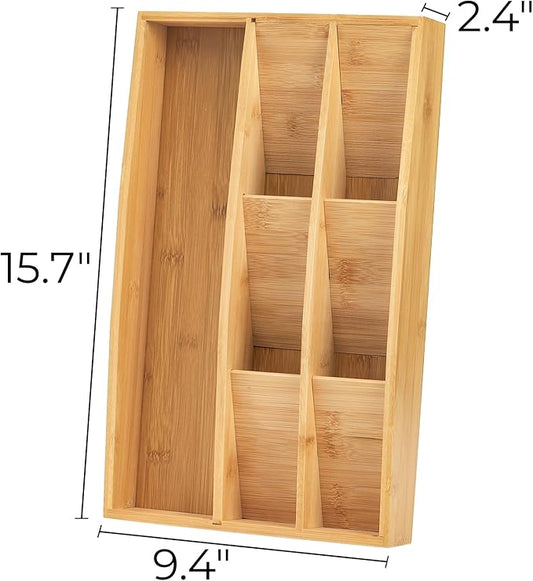 Hiceeden Bamboo Silverware Drawer Organizer, 7 Slots Kitchen Flatware Organizer, 15.7" x 9.4" x 2.4" Drawer Silverware Tray Utensil Cutlery Holder Dividers for Knives, Forks, Spoons