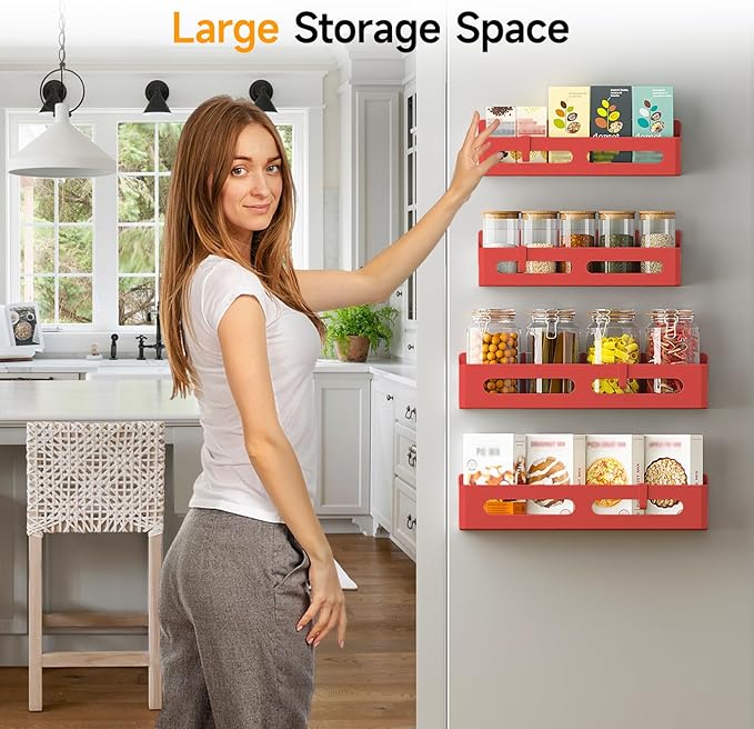 4 Pack Magnetic Spice Rack for Refrigerator, Spice Rack Organizer, Moveable Magnetic Shelf Fridge Organizer with 4 Hooks for Kitchen and Oven Organization,Red