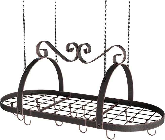 Hanging Pot Rack Ceiling Mount, 33" Metal Ceiling Pan Hanging Rack with 15 S Hooks, Oval Pot and Pan Storage Rack, Decorative Vintage Brown Pot Hangers for Kitchen Organize Utensils Cookware