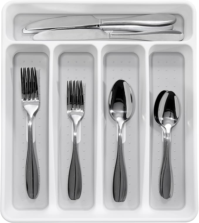 madesmart Classic Small Silverware Tray - White | CLASSIC COLLECTION | 5-Compartments | Icons help sort Flatware, Utensils and Cutlery | Soft-grip Lining and Non-slip Feet | BPA-Free