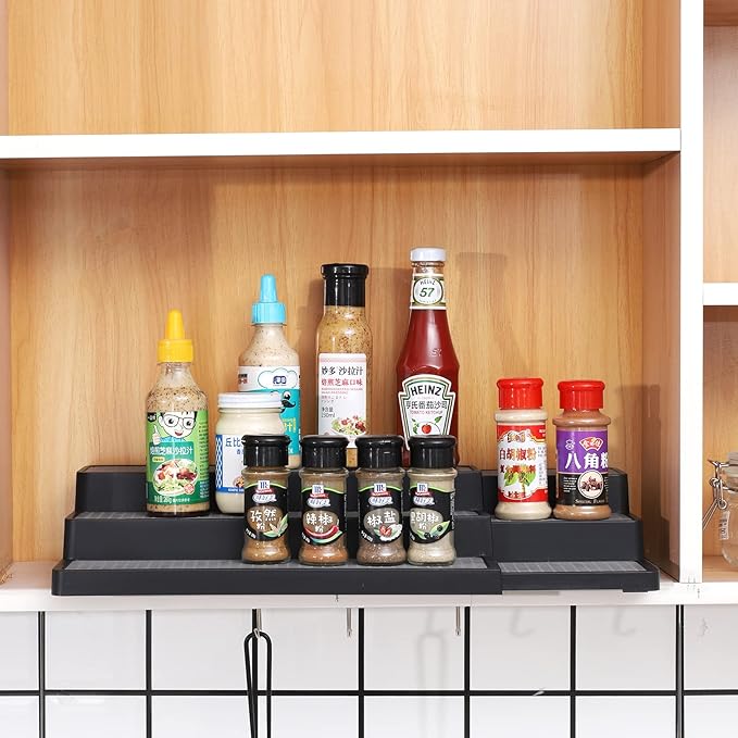 YCOCO 3-Tier Expandable Spice Rack Step Modern Design Waterproof and Non Skid Shelf Kitchen Organizer for Pantry Cabinet or Countertop Use,Black