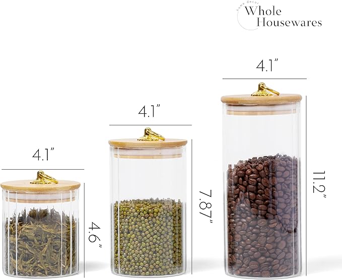 WHOLE HOUSEWARES Glass Storage Jars with Airtight Bamboo Lid and Metal Ring Handle - Set of 3 - Lead-Free High Borosilicate Glass - BPA Free - Dishwasher Safe - Transparent