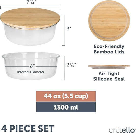 Crutello Glass Storage Containers with Bamboo Lids - Eco-Friendly Non Toxic Meal Prep Jars with Wooden Lid for Fridge and Kitchen Organization - Non Plastic Container for Fruit Bowls - 44 oz - 4 Pack