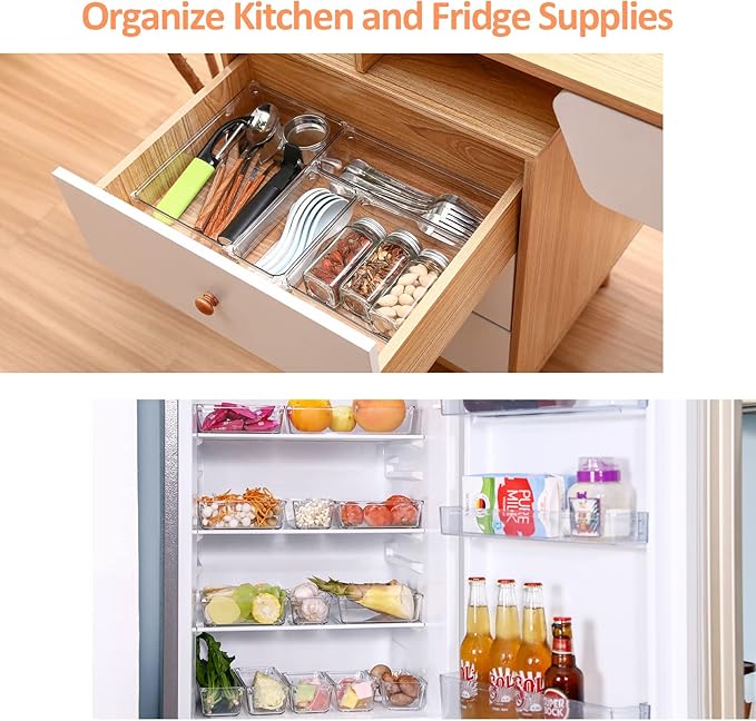 13 PCS Clear Plastic Drawer Organizer Set, GOGOODA 5 Size Large Vanity Organizer Trays with Non-Slip Pads, Multi-use Organizing Bins for Kitchen, Bedroom, Bathroom, Office, Utensils, Makeup, Jewellery
