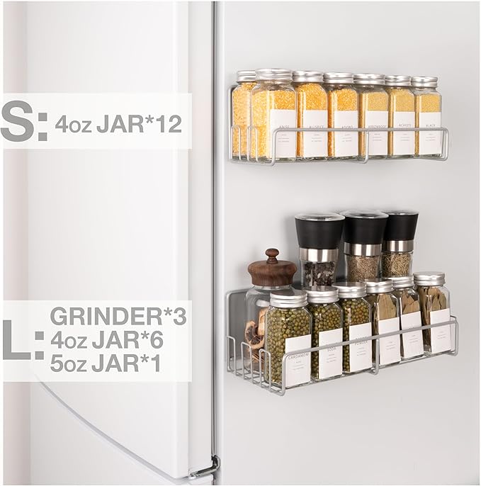 Strong Magnetic Spice Rack For Refrigerator with 20 Hooks, Space Saving Organizer, Durable Shelf for Oven - 4 Pack - Iron - Ultimate Gray