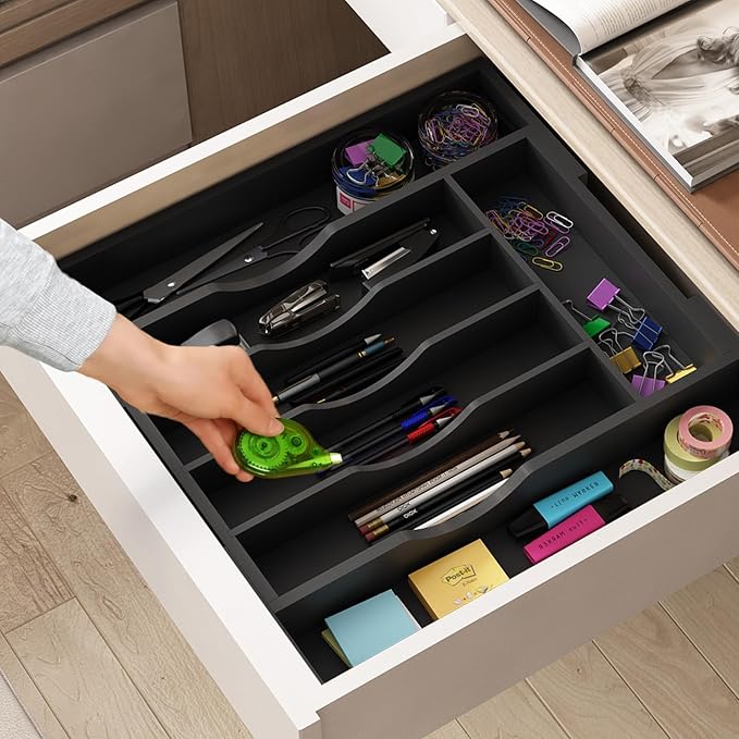 BAMBUROBA Bamboo Kitchen Drawer Organizer,Expandable Silverware Organizer,Utensil Holder and Cutlery Tray with 7 Slots,Gadgets Storage Divider,Black