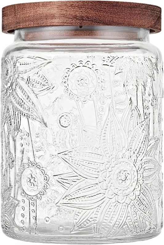 Vintage Glass Jar with Wooden Lid, 23.7 fl oz - Airtight Decorative Food Storage Canisters for Kitchen Counter, Ideal for Candy, Sugar, Coffee, Cookies