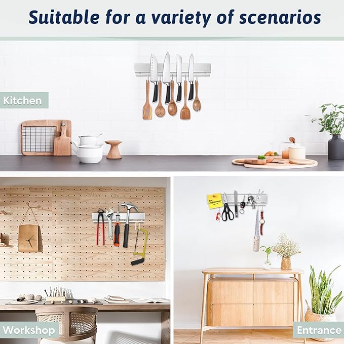 12 Inch Magnetic Knife Holder for Wall - Stainless Steel Magnet Knife Strip No Drill with 5 Hooks/Adhesive Tape/Screws, Kitchen Utensil Holder, Magnetic Knife Organizer, Wall Mounted Knife Storage