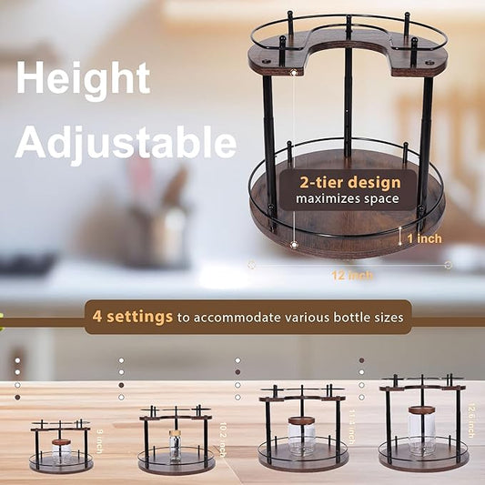 2-Tier Lazy Susan Spice Rack Organizer, Height Adjustable Rotating Turntable for Cabinet, Kitchen Countertop & Pantry, 12 Inch Wooden Spice Storage Rack, Compact & Versatile Design, Rustic Brown