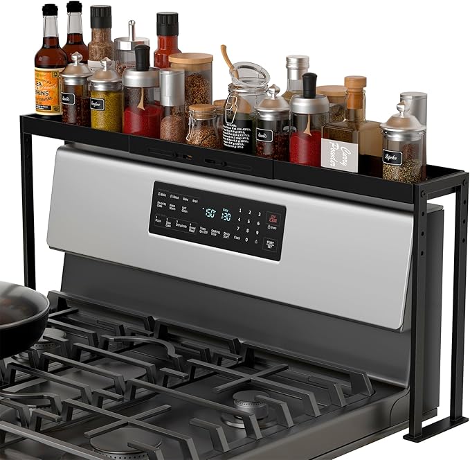 Stove Top Shelf, Kitchen Over Shelf for Stove, Stove Spice Rack for Top, Adjustable 27-33inch, Fits Various Stove Lengths, Kitchen Spice Organizer, Condiments and BBQ Sauces, Black