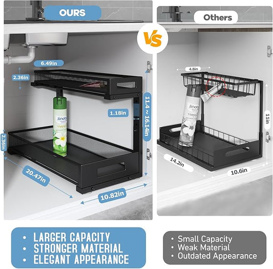 1 Pack 20.47IN Depth Under Sink Storage Organizer, Large 2-Tier Elegant Mesh Pull Out Shelf for Kitchen and Bathroom Cabinet Organization, L-Shaped and Adjustable Height Design-Black