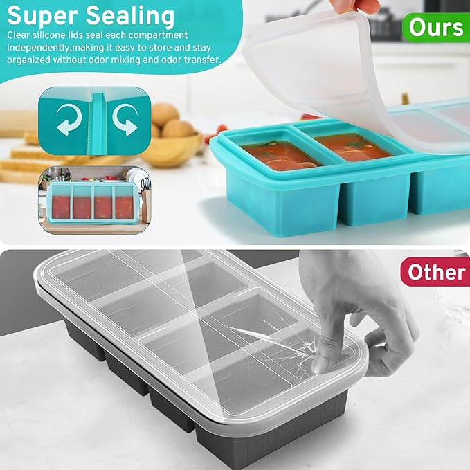 Silicone Freezer Tray with Lid - 1 Cup Silicone Food Tray - Large Ice Cube Freezer Molds - Soup, Sauce, leftovers, Homemade Meal Prep Freezing Kitchen Storage Containers - Aqua - 1-Pack