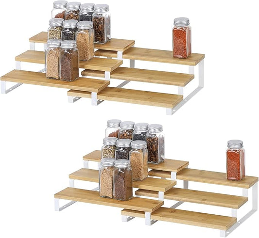 MOOACE 3 Tier Spice Rack Organizer for Cabinet, Expandable Spice Rack Seasoning Shelf Organizer for Kitchen Cabinet Countertop, Set of 4, White and Natural