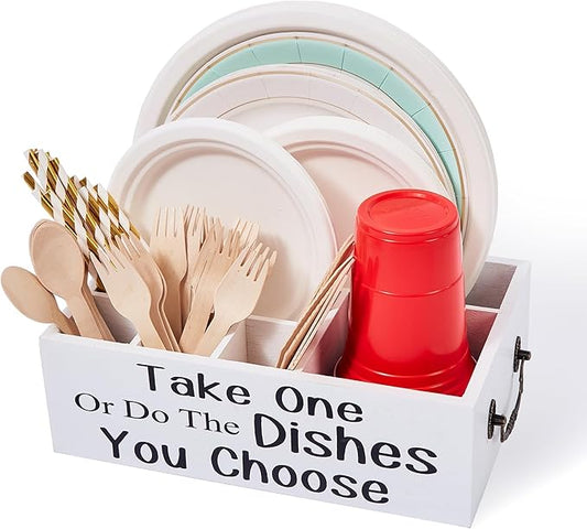 Small Paper Plate Holder,Utensil Cutlery Caddy Organizer for Kitchen Countertop,Party,Picnic,Wood Silverware Dispenser For Cups Forks Spoons Plates Napkins,Coffee Station Organizer(White)