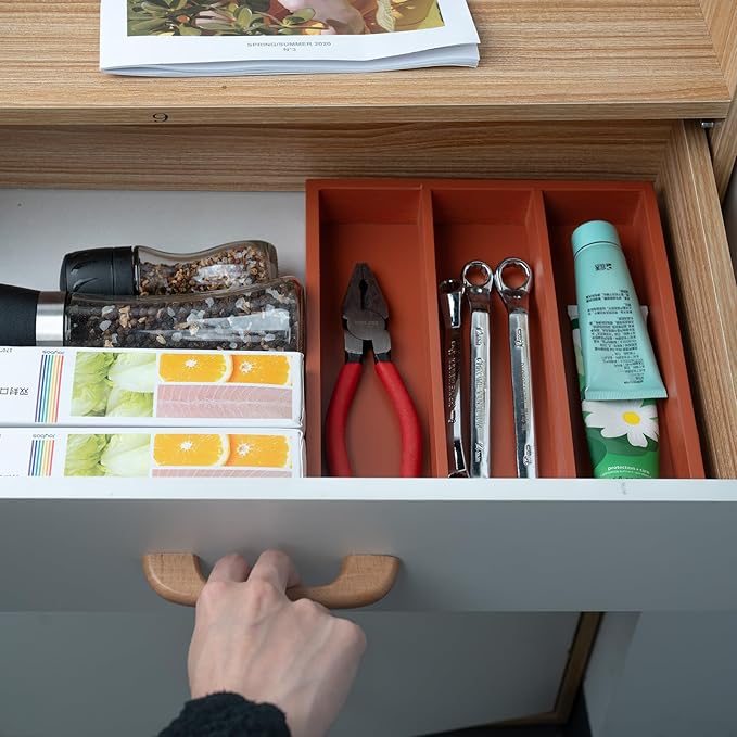 Silverware Organizer Bamboo Kitchen Drawer Organizer, Flatware Organizer Tray for Kitchen, Flatware, Utensils（Orange）