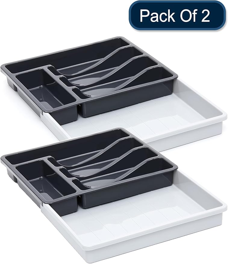 RoyalHouse Premium Cutlery Drawer Organizer, Expandable Utensil Holder And Organizer, 6-Compartments, Compact BPA-Free Plastic Storage for Spoons Forks Knives, Silverware Organizer (Pack of 2)