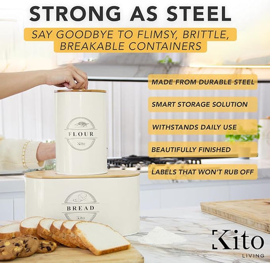 Canisters Sets for Kitchen Counter Storage and Organization with Wooden Bamboo Lids, Food Pantry Containers, Stackable Steel Storage Bins, Airtight Bread and Flour Containers - Cream