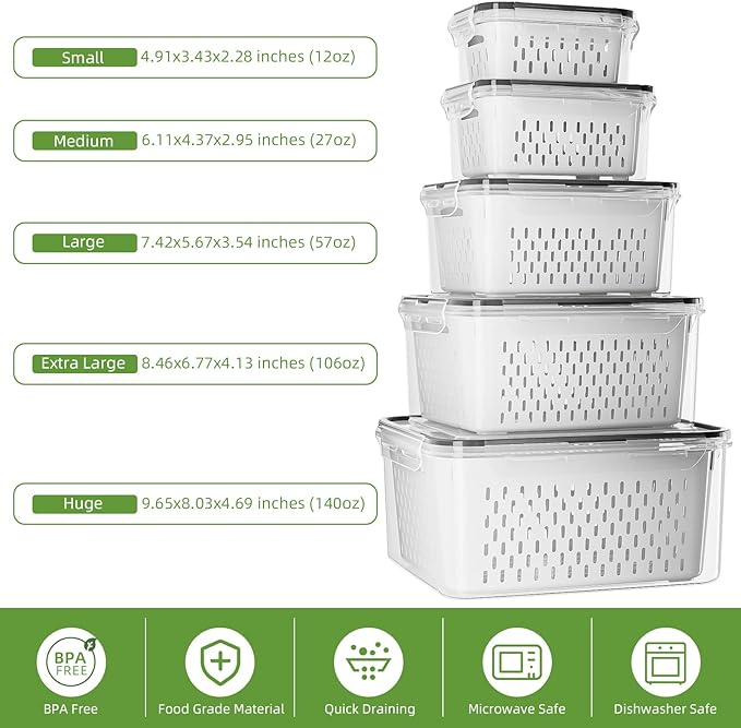 5 Pack Fruit Storage Containers for Fridge with Removable Colanders - Food Storage Containers with Lids, BPA-Free Produce Containers Keep Fruits, Vegetables, Berry, Meat Fresh Longer