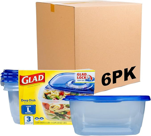 Glad GladWare Deep Dish Food Storage Containers Lock Tight Seal, BPA Free Large Rectangle Plastic Containers Hold Up to 64 Ounces of Food, 3 Count - 6 Pack
