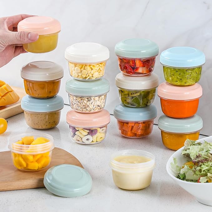 16 Pack 4 oz Reusable Plastic Containers with Lids, Snack & Puree, Salad Dressing, Deli & Freezer Baby Food Containers, Dishwasher Safe, BPA Free