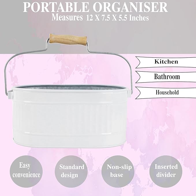 CLEENTABLE 4-Compartment Rustic Farmhouse Utensil Caddy with Removable Handle – Powder-Coated Steel Kitchen Organizer for Parties, Tailgates & Home (12" x 7.5" x 5.5", Snowy White/Grey)