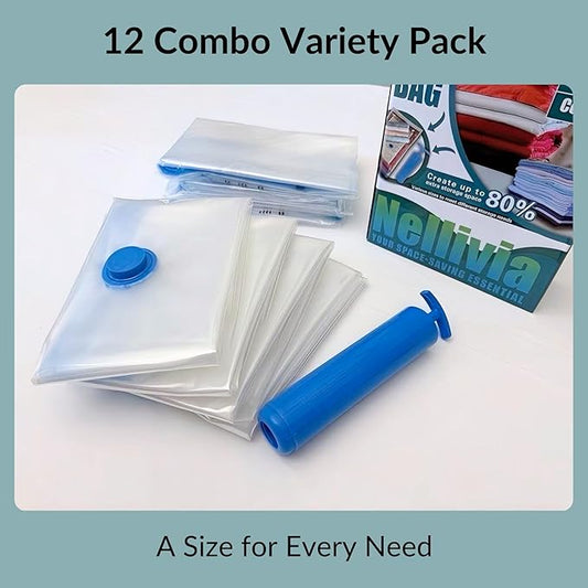 12 Pack Vacuum Storage Bags with Hand Pump, Compression Space Saver for Comforter, Bedding, Blanket Storage, Vacuum Seal Bags for Clothing, Luggage Suitcase and Closet Organizer