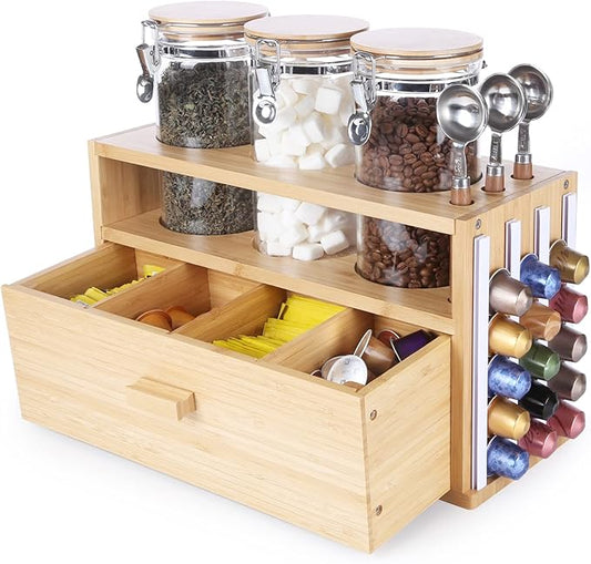 KKC HOME ACCENTS Bamboo Countertop Tea & Coffee Organizer with Airtight Glass Containers and Tea Bags Drawer
