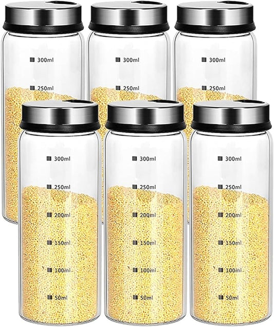 10 oz Salt and Pepper Shakers Set with Adjustable Outlet Holes Clear Glass Bottle Spice Seasoning Cans Jar for Kitchen Decor and Home Restaurant BBQ Camping Farmhouse Kitchen Accessories(6 Pcs, 300ML)