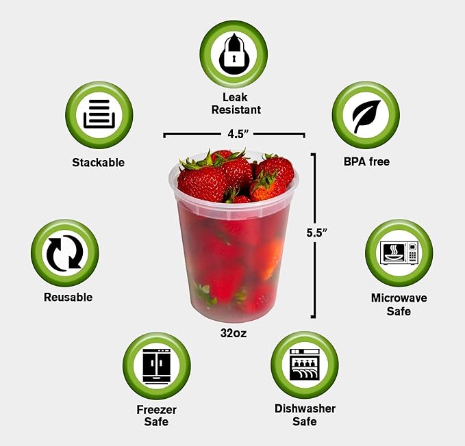 Deli Plastic Food Containers with Airtight Lids [50 Sets], Leakproof Slime Small Combo Pack [Reusable, Storage, Disposable, Meal Prep, Soup, Microwaveable & Freezer Safe] (32oz)