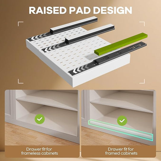 2 Pack Pull out Cabinet Organizer 21"Deep With Raising Pad for Framed Cabinets, Expandable Slide out Drawers for Kitchen Cabinets with 4pcs Divider Racks, Roll out Shelves 12.1"-20.4" W White