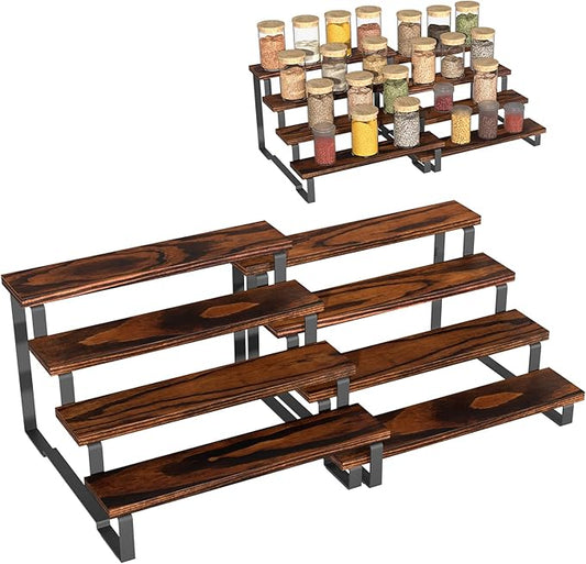 4 Tier Expandable Spice Rack Organizer (13.8” to 26”) Display Riser Stand, Kitchen Cabinet Countertop Pantry Coffee Bar Display Shelf for Spice, Liquor, Figure (2Pack-4Tier-Rustic Brown)