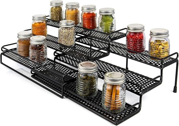 3 Tiered Spice Rack - Spice Racks for Inside Cabinets - Expandable Spice Rack Countertop Kitchen Pantry - Metal Tier Seasoning Organizer Step Storage with Protective Railing (Black)
