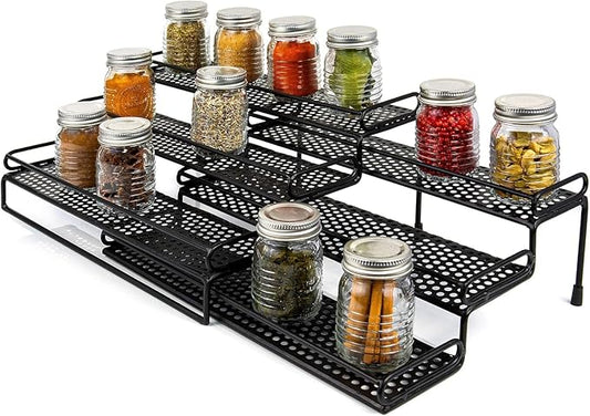 3 Tiered Spice Rack - Spice Racks for Inside Cabinets - Expandable Spice Rack Countertop Kitchen Pantry - Metal Tier Seasoning Organizer Step Storage with Protective Railing (Black)