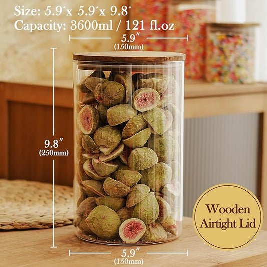 Labina Glass Storage Container Airtight Food Jars Kitchen Canister with Wood Lids, 121 Oz Wide Mouth Pantry Organization Glass Jar for Flour, Sugar, Cookie, Spagetti, Nuts and Candy
