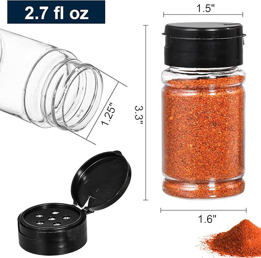 Tosnail 36 Pack 2.7 Oz Small Plastic Spice Bottles with Black Shaker Lids and Labels, Empty Plastic Jars with Lids, Seasoning Shaker Containers for Travel, Camping, Glitter, Gift, Party Favors - Clear