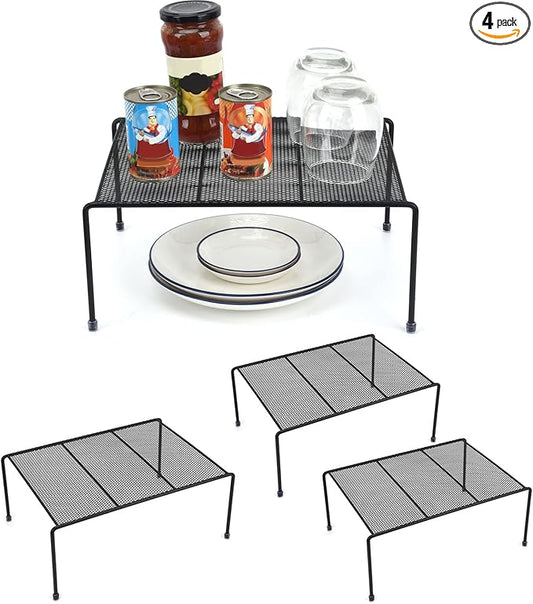 Set of 4 Mesh Kitchen Shelves Cabinet Storage Shelf Rack (13.1 x 10.2 Inch) ，Kitchen Bathroom Pantry Cupboard Desk Home Office, Fridge, Cabinet, Bathroom Cupboard, Non-slip Plastic Feet (Black)