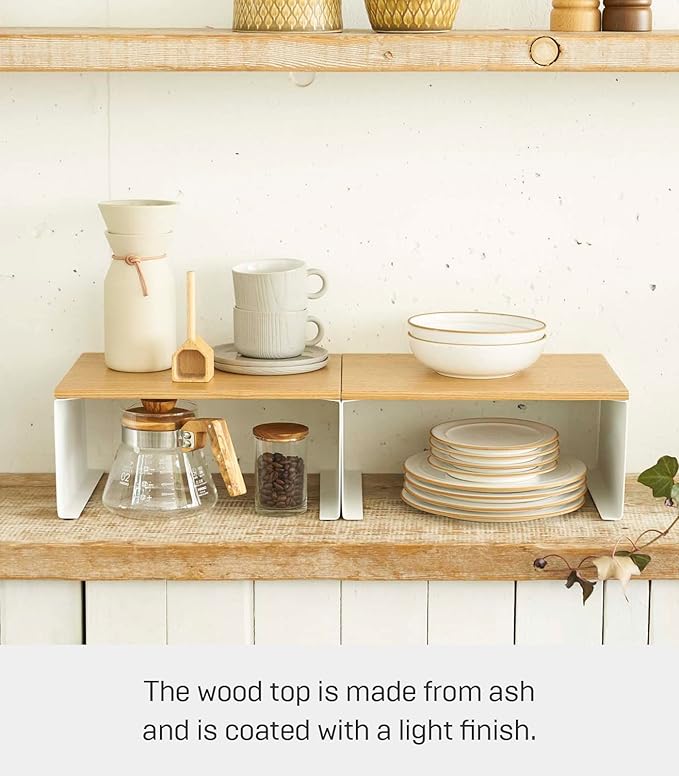 Yamazaki Home Wood-Top Stackable Kitchen Rack - Modern Counter Shelf Organizer Steel + WoodLargeWhite