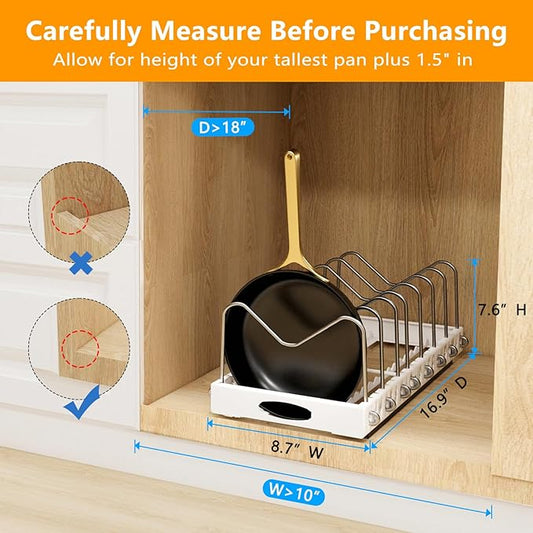 Pull Out Pots and Pans Organizer Under Cabinet, 2 Pack Pots and Pans Organizer, Sliding Lid Holder and Pan Rack in Kitchen, Slide Out inside Cabinet Storage for Pot Lid, Bakeware, Dishes, White