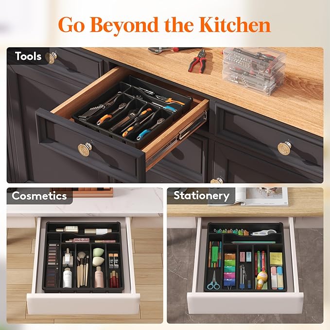 Lifewit Silverware Drawer Organizer Tray, Plastic Cutlery Storage for Kitchen Drawer, Flatware and Utensil Holder Divider for Spoons Forks Knives Tableware, 7 Compartment, Black