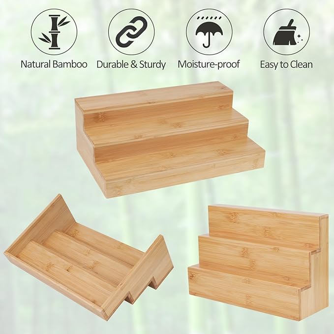 2 Pack Bamboo Spice Rack Organizer for Kitchen Counter, 3 Tier Spice Shelf Holder for Cabinet (Jars Not Included)