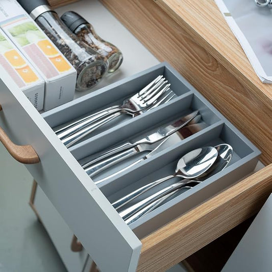 Silverware Organizer Bamboo Kitchen Drawer Organizer, Flatware Organizer Tray for Kitchen, Flatware, Utensils（Gray）