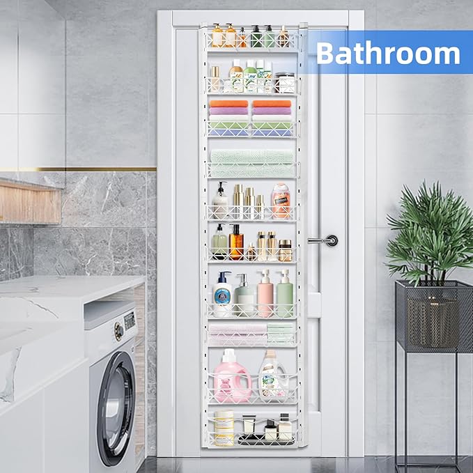 Over The Door Pantry Organizer，10-Tier Over The Door Organizer with Adjustable Basket，Metal Hanging Pantry Organizers and Storage for Kitchen, Back of Door Seasoning Rack (White)