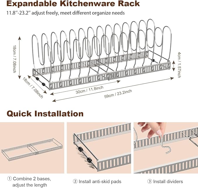 Pot and Pan Organizer Rack for Cabinet, Stainless Steel Expandable Pot Lid Organizer with 14 Adjustable Dividers, Pot and Pan Holder Rack Storage Organizer for Kitchen, Silver