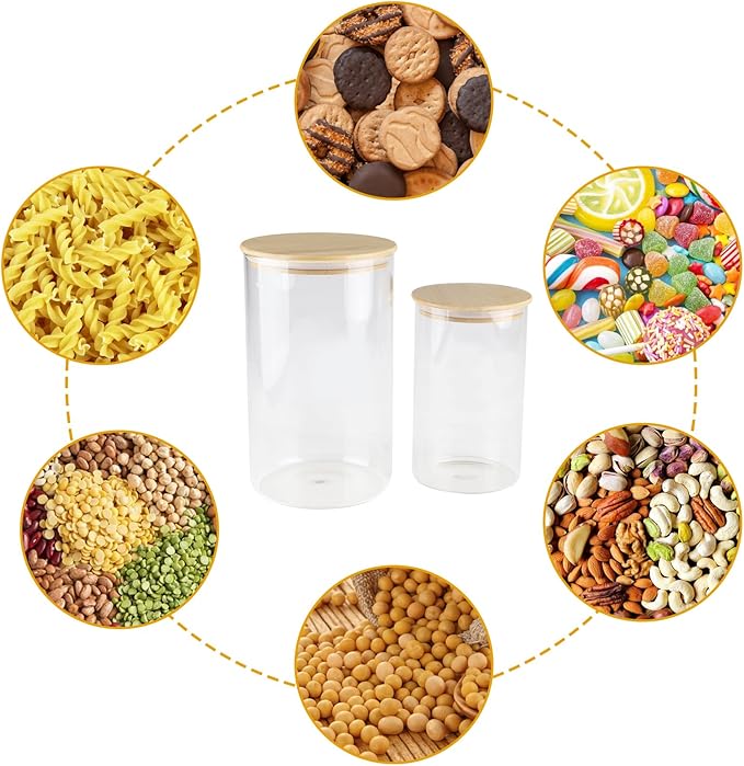2 Pack 140oz+40oz Glass Food Storage Jars with Bamboo Lids Airtight, Clear Glass Storage Containers Food Canisters for Flour, Candy, Cookie, Nuts, Kitchen Pantry Organization Jar, BPA Free