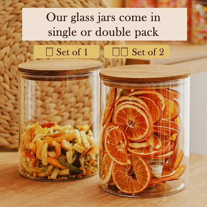 Labina Glass Storage Container Airtight Food Jars Kitchen Canister with Wood Lids, 94 Oz Wide Mouth Pantry Organization Glass Jar for Flour, Sugar, Cookie, Spagetti, Nuts and Candy (2 Pack)